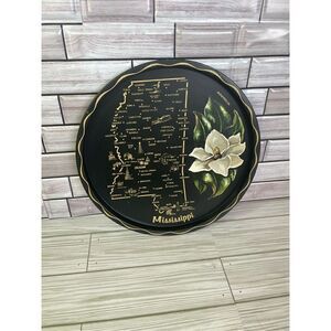 Vintage Metal Souvenir Tray 11” Mid Century Black and Gold Mississippi